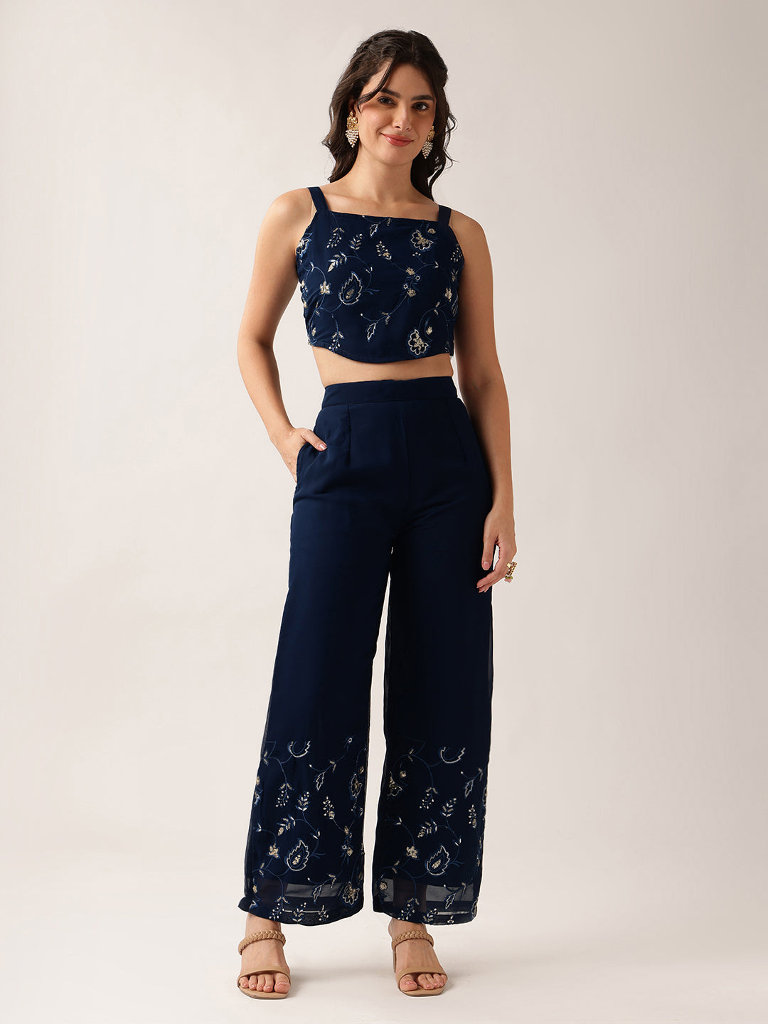 Blue Floral Crop Top Georgette Co-Ord Set