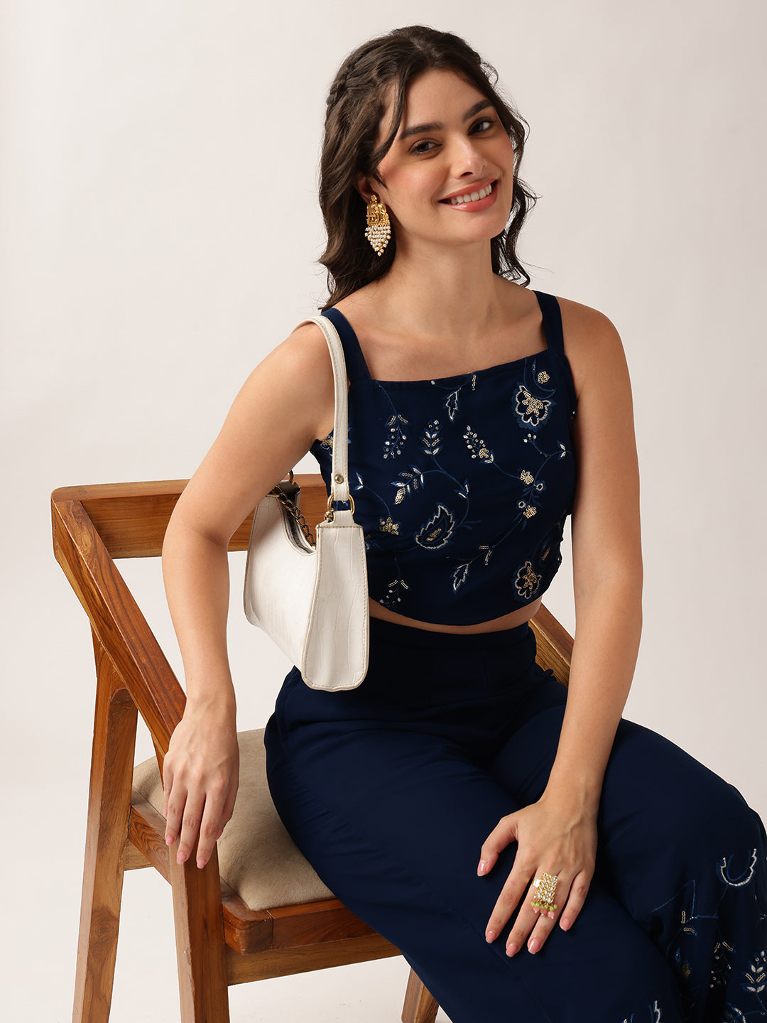 Blue Floral Crop Top Georgette Co-Ord Set