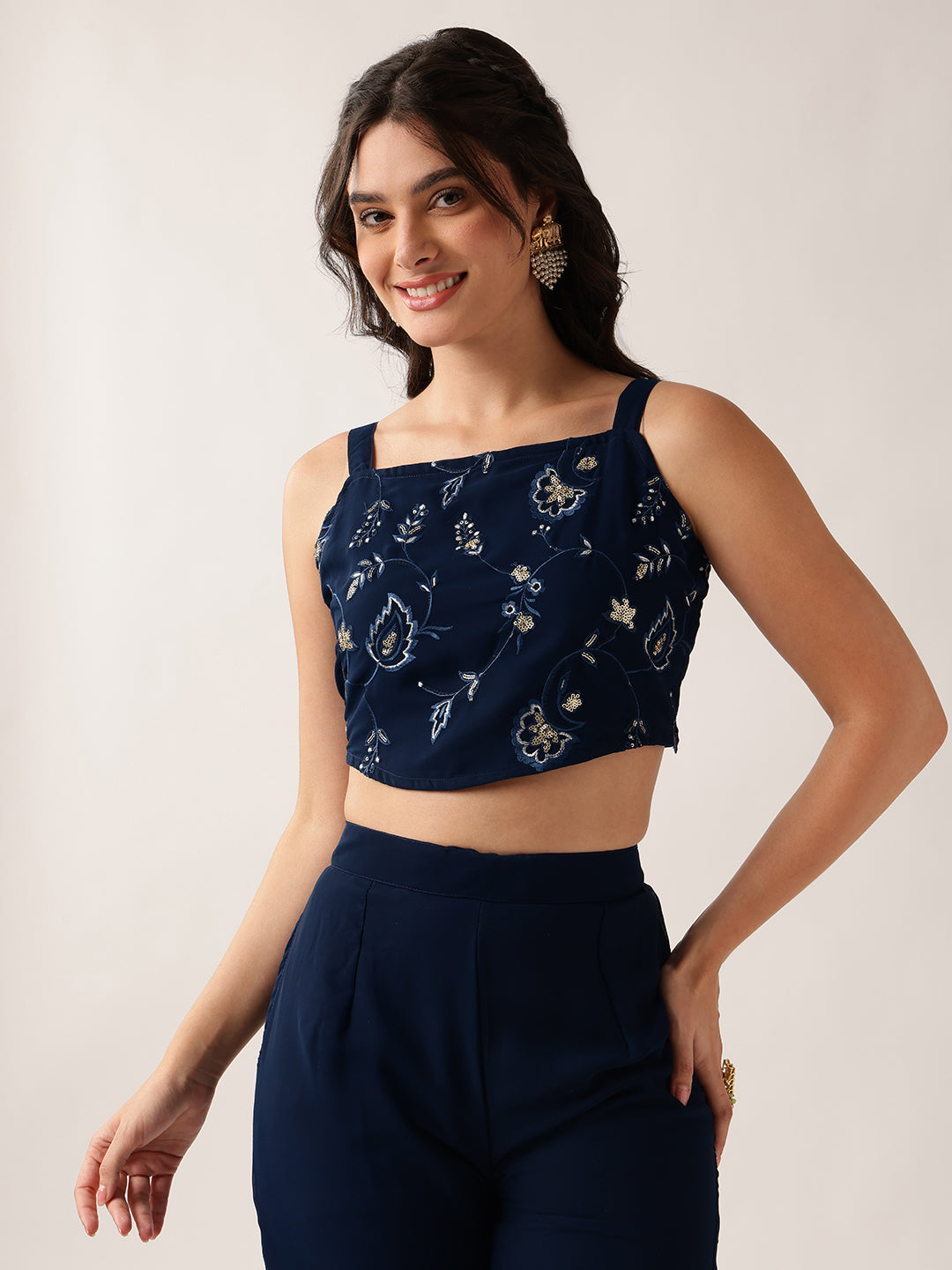 Blue Floral Crop Top Georgette Co-Ord Set