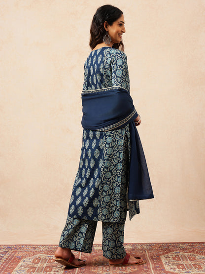 Blue Floral Straight Cotton Stitched Kurta, Palazzo With Dupatta
