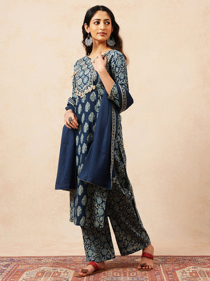 Blue Floral Straight Cotton Stitched Kurta, Palazzo With Dupatta