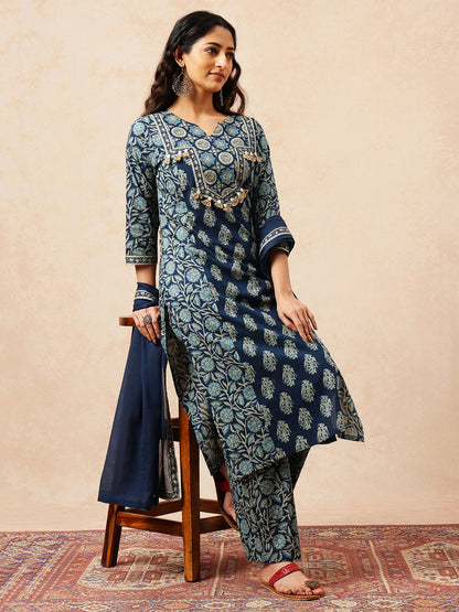 Blue Floral Straight Cotton Stitched Kurta, Palazzo With Dupatta