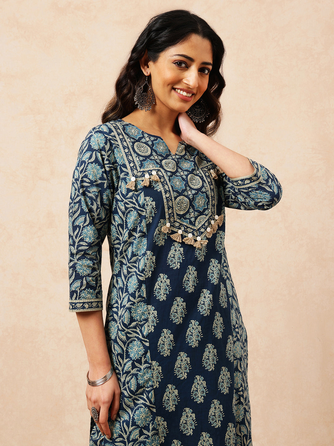 Blue Floral Straight Cotton Stitched Kurta, Palazzo With Dupatta