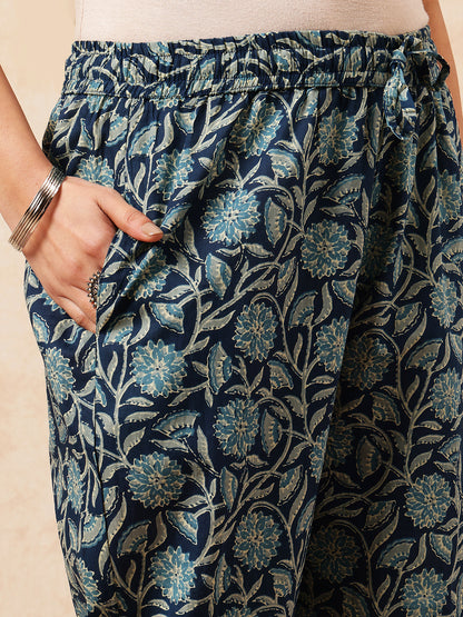 Blue Floral Straight Cotton Stitched Kurta, Palazzo With Dupatta