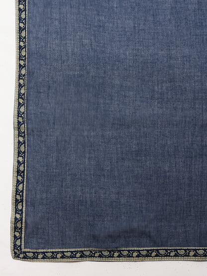 Blue Floral Straight Cotton Stitched Kurta, Palazzo With Dupatta