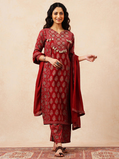 Maroon Floral Straight Cotton Stitched Kurta, Palazzo With Dupatta