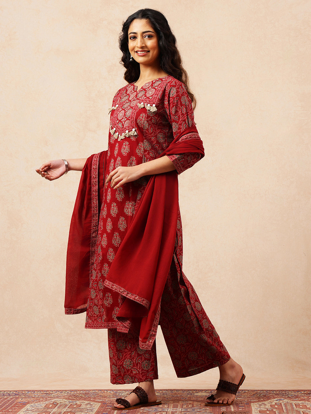 Maroon Floral Straight Cotton Stitched Kurta, Palazzo With Dupatta