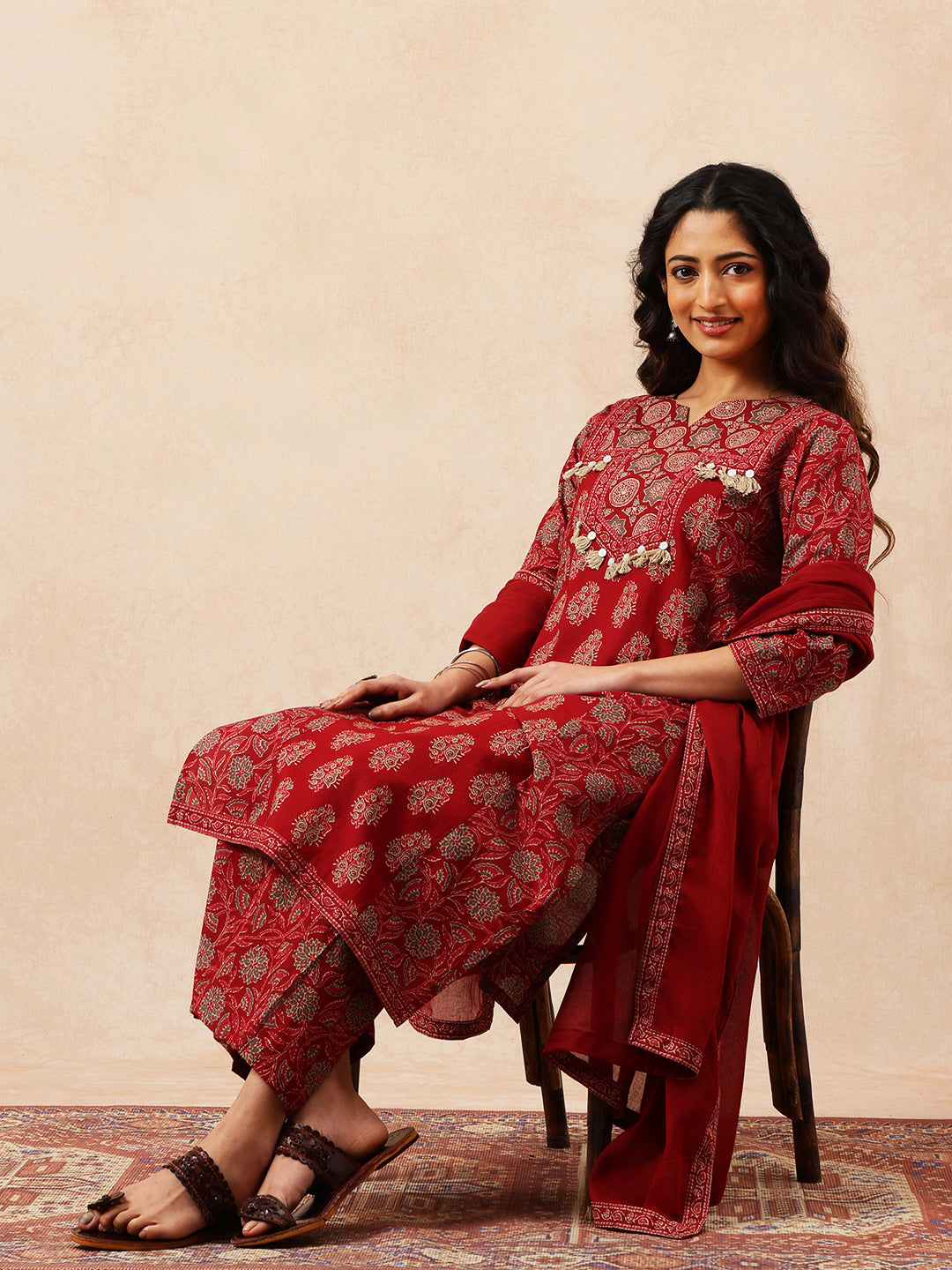 Maroon Floral Straight Cotton Stitched Kurta, Palazzo With Dupatta