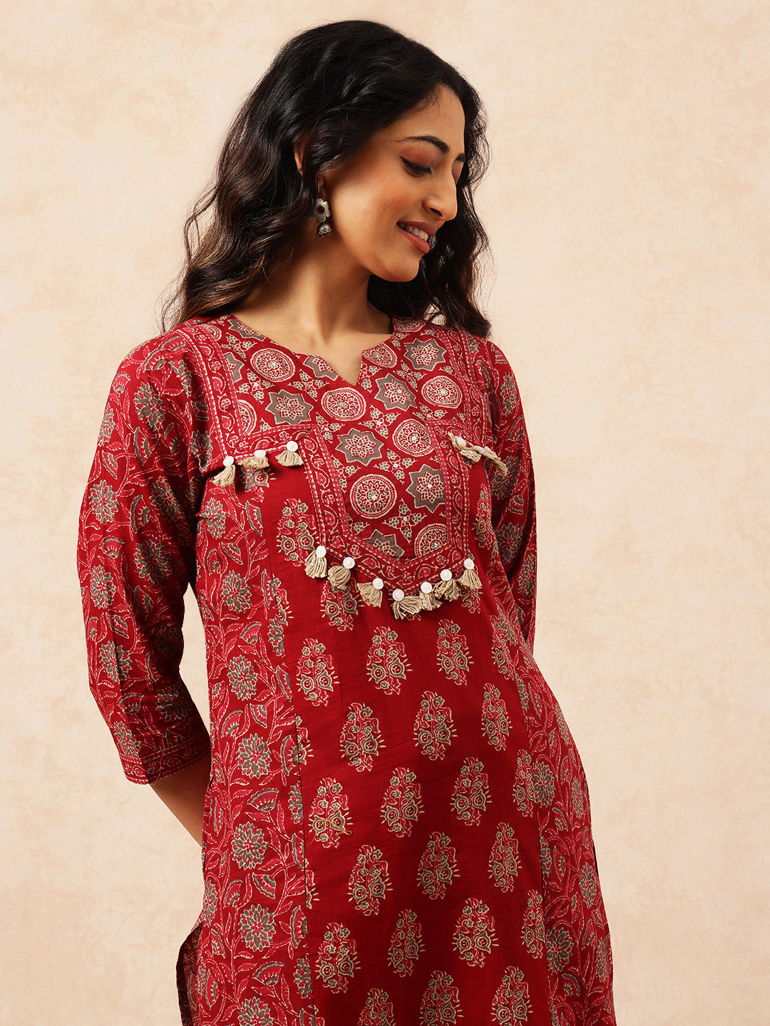 Maroon Floral Straight Cotton Stitched Kurta, Palazzo With Dupatta