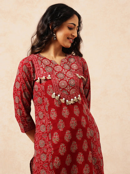 Maroon Floral Straight Cotton Stitched Kurta, Palazzo With Dupatta