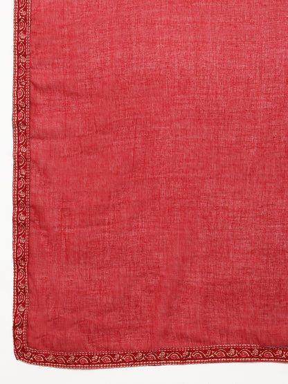 Maroon Floral Straight Cotton Stitched Kurta, Palazzo With Dupatta