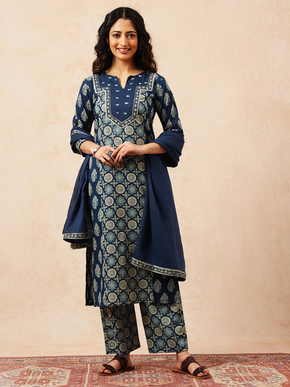 Blue Geometric Straight Cotton Stitched Kurta, Palazzo With Dupatta