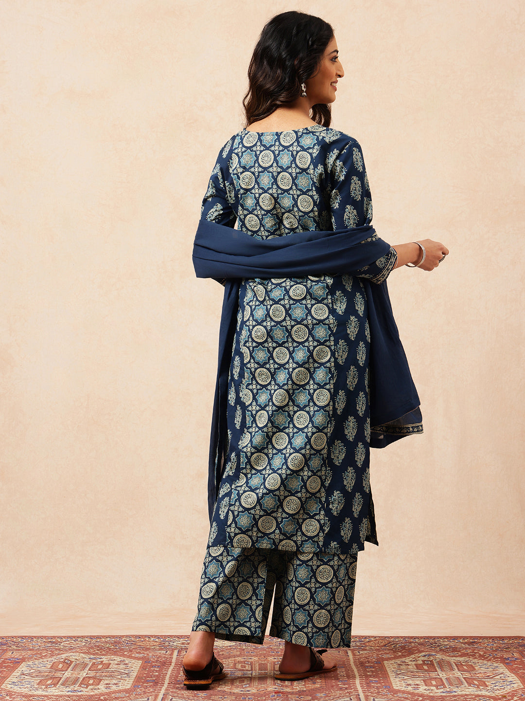 Blue Geometric Straight Cotton Stitched Kurta, Palazzo With Dupatta