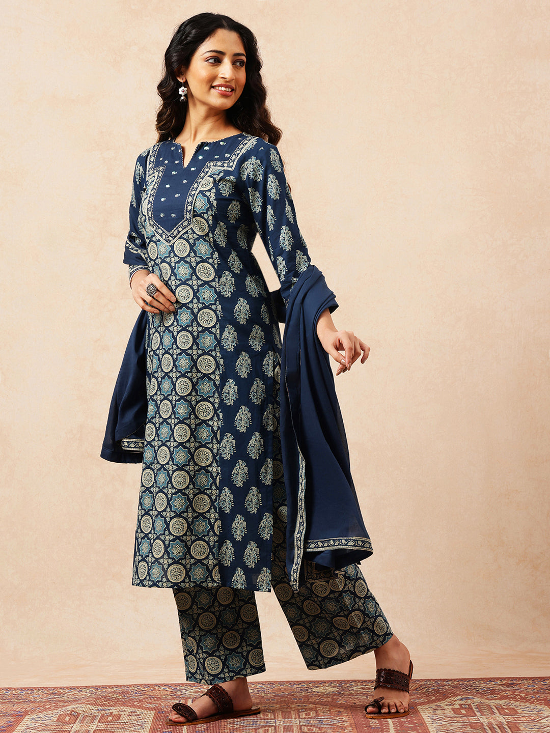 Blue Geometric Straight Cotton Stitched Kurta, Palazzo With Dupatta