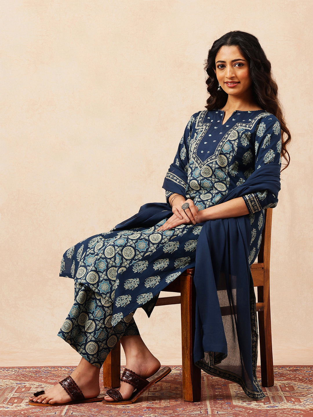 Blue Geometric Straight Cotton Stitched Kurta, Palazzo With Dupatta