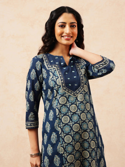 Blue Geometric Straight Cotton Stitched Kurta, Palazzo With Dupatta