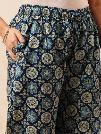 Blue Geometric Straight Cotton Stitched Kurta, Palazzo With Dupatta