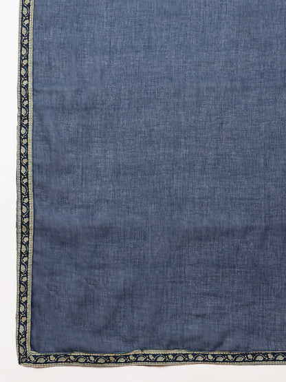 Blue Geometric Straight Cotton Stitched Kurta, Palazzo With Dupatta