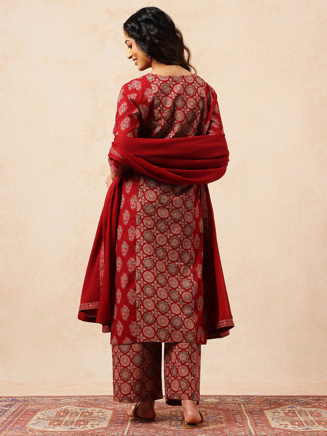 Maroon Geometric Straight Cotton Stitched Kurta, Palazzo With Dupatta