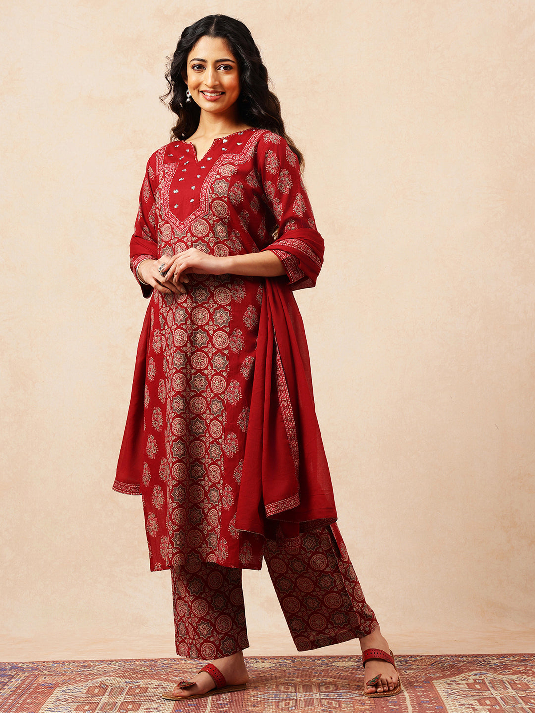 Maroon Geometric Straight Cotton Stitched Kurta, Palazzo With Dupatta