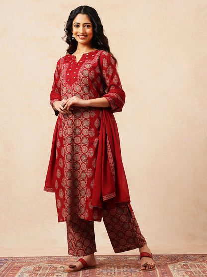 Maroon Geometric Straight Cotton Stitched Kurta, Palazzo With Dupatta