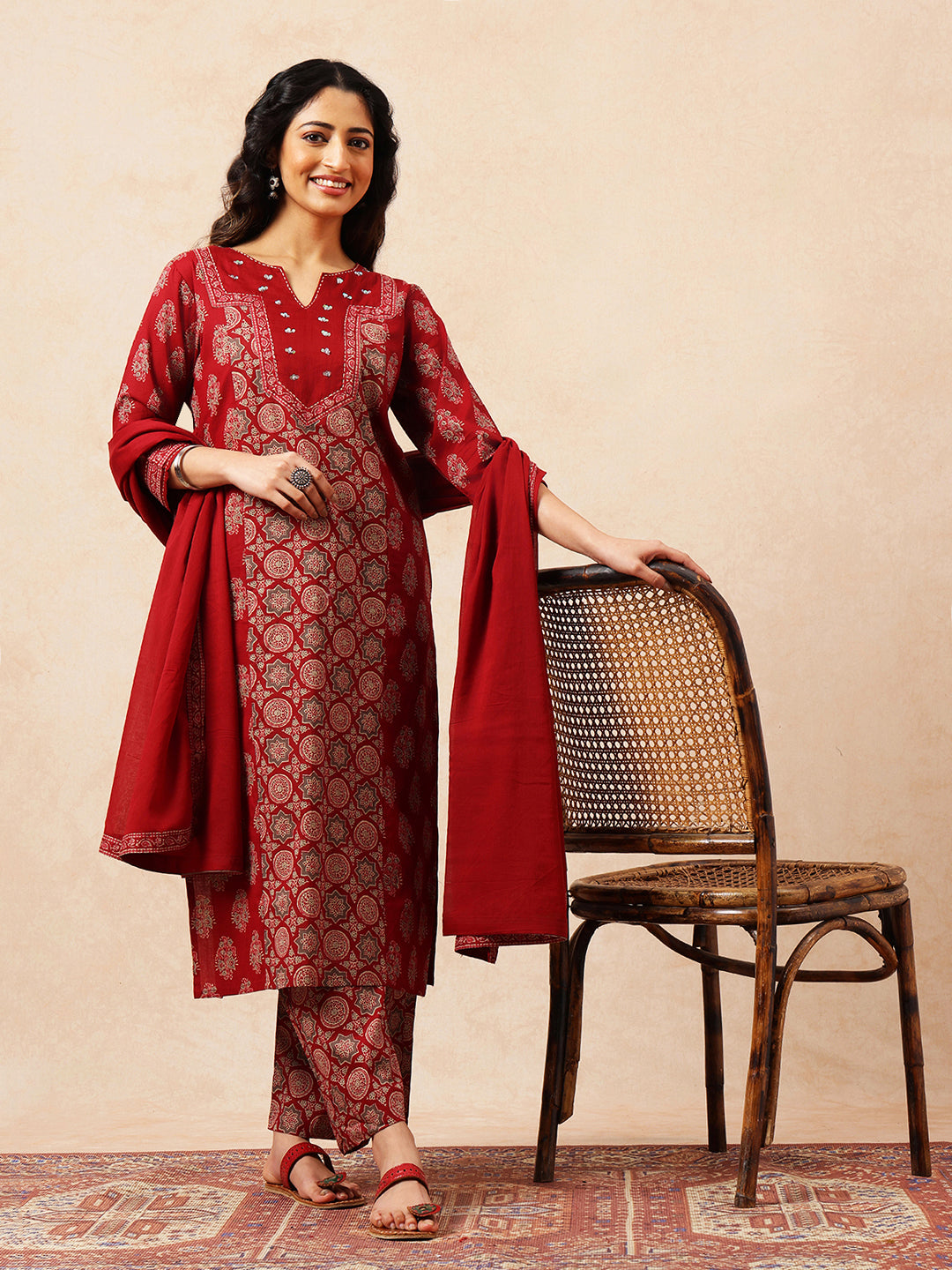 Maroon Geometric Straight Cotton Stitched Kurta, Palazzo With Dupatta