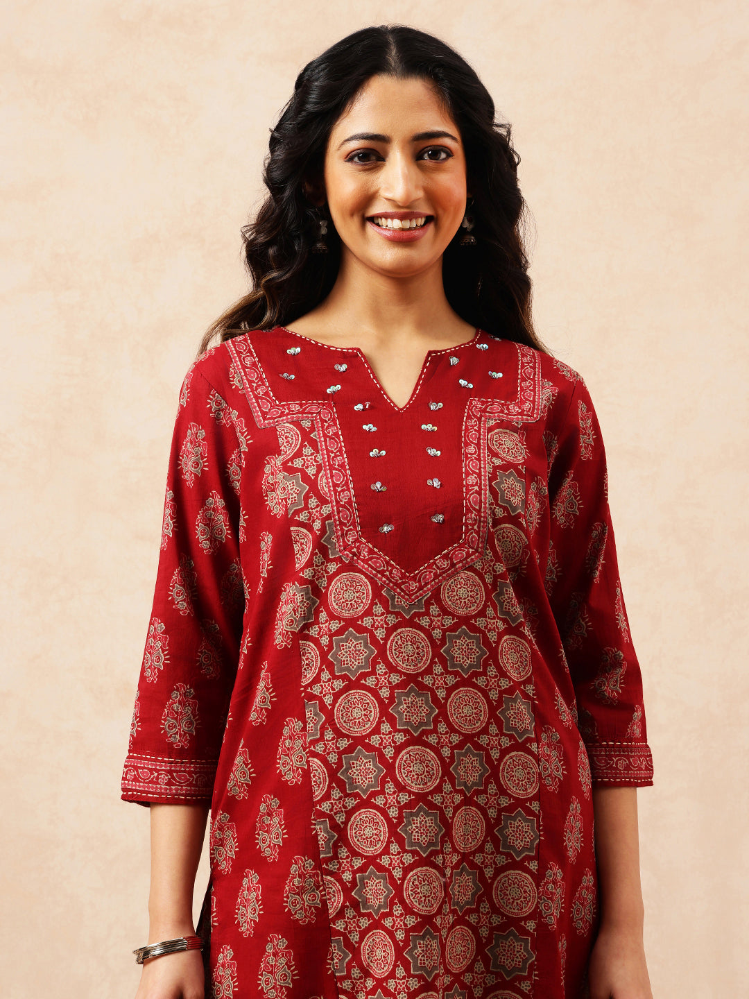 Maroon Geometric Straight Cotton Stitched Kurta, Palazzo With Dupatta