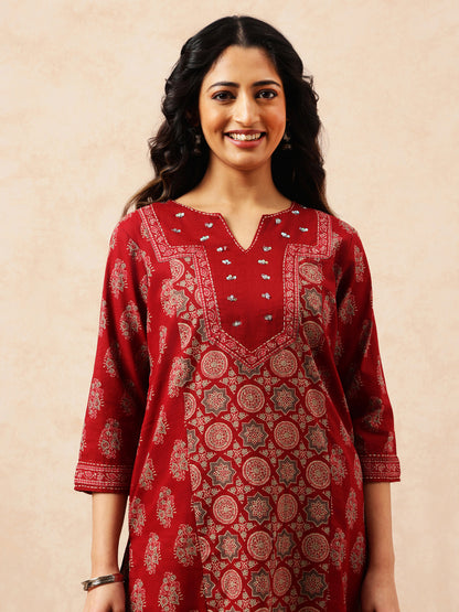 Maroon Geometric Straight Cotton Stitched Kurta, Palazzo With Dupatta