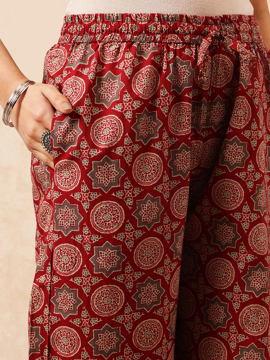 Maroon Geometric Straight Cotton Stitched Kurta, Palazzo With Dupatta