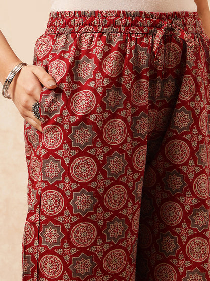 Maroon Geometric Straight Cotton Stitched Kurta, Palazzo With Dupatta