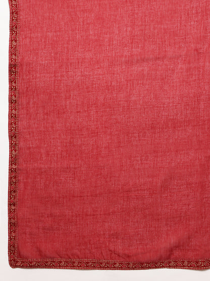 Maroon Geometric Straight Cotton Stitched Kurta, Palazzo With Dupatta