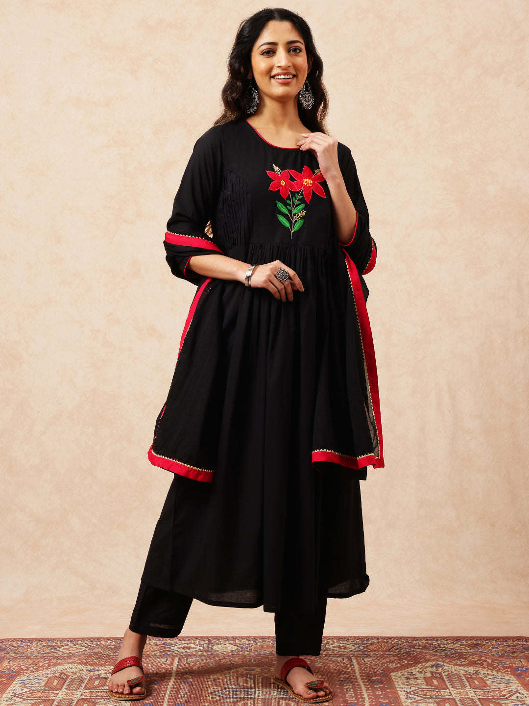 Black Solid A-Line Cotton Stitched Kurta, Pant With Dupatta