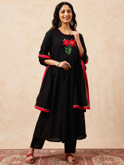 Black Solid A-Line Cotton Stitched Kurta, Pant With Dupatta
