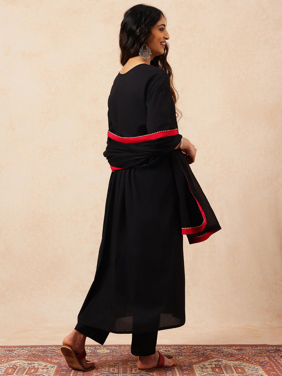 Black Solid A-Line Cotton Stitched Kurta, Pant With Dupatta