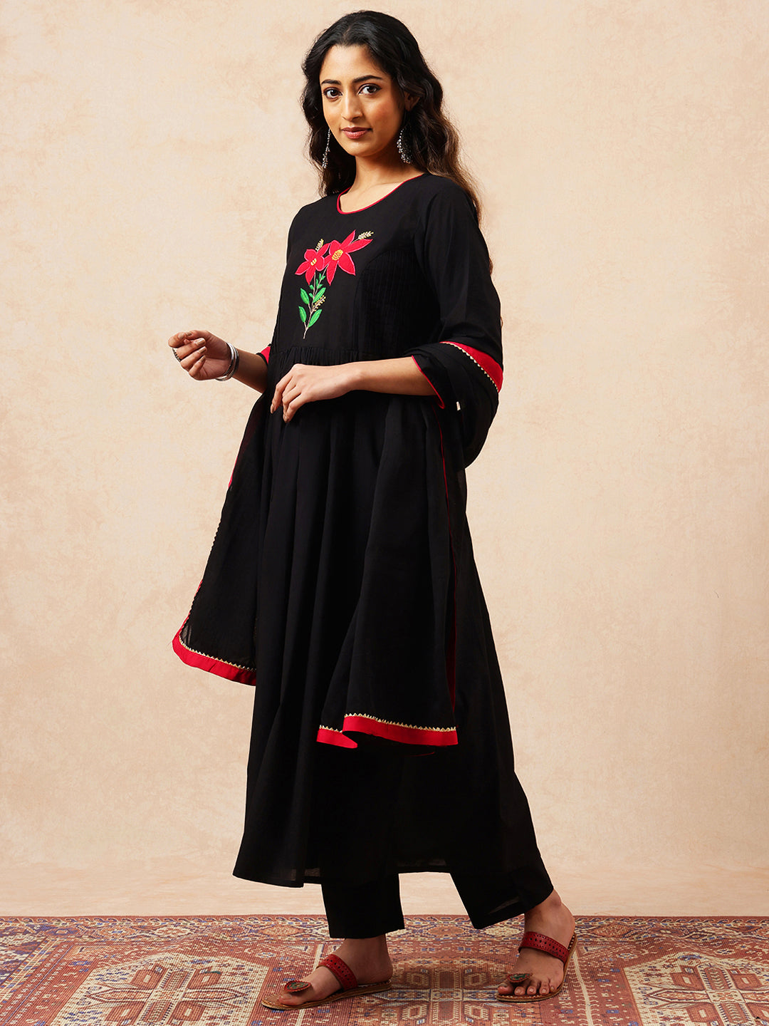 Black Solid A-Line Cotton Stitched Kurta, Pant With Dupatta