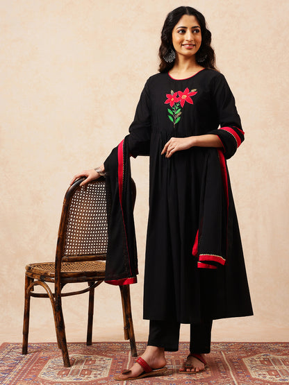 Black Solid A-Line Cotton Stitched Kurta, Pant With Dupatta