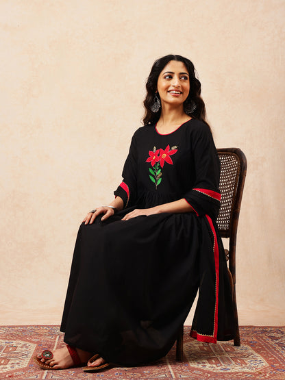 Black Solid A-Line Cotton Stitched Kurta, Pant With Dupatta