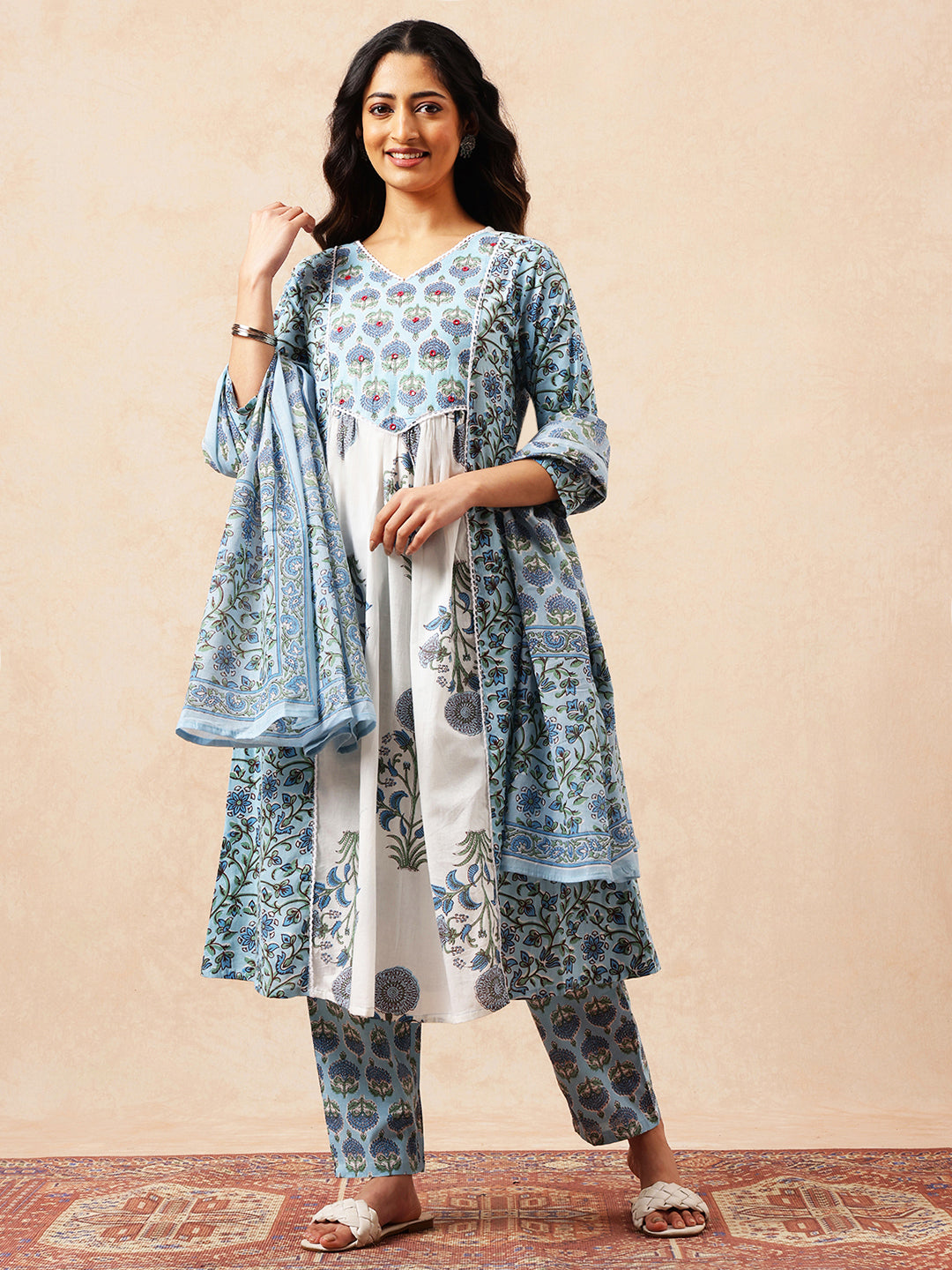 Sky Blue Floral A-Line Cotton Stitched Kurta, Pant With Dupatta