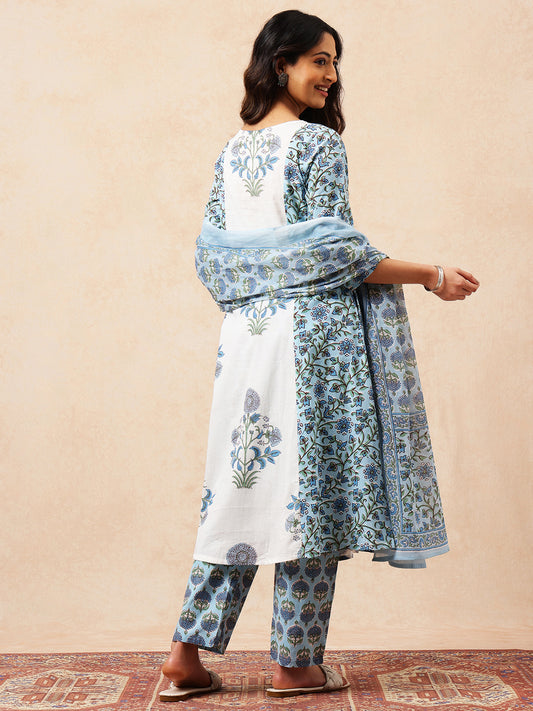 Sky Blue Floral A-Line Cotton Stitched Kurta, Pant With Dupatta