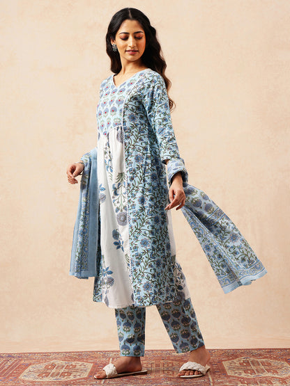 Sky Blue Floral A-Line Cotton Stitched Kurta, Pant With Dupatta