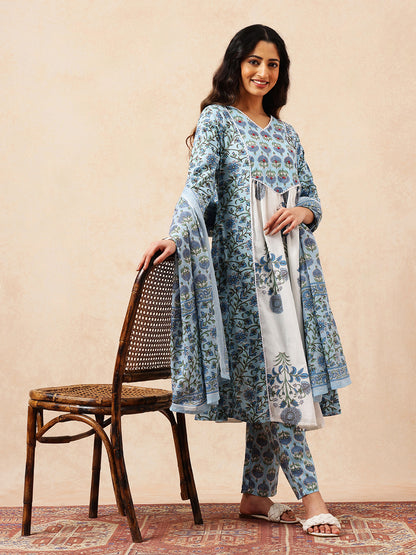 Sky Blue Floral A-Line Cotton Stitched Kurta, Pant With Dupatta