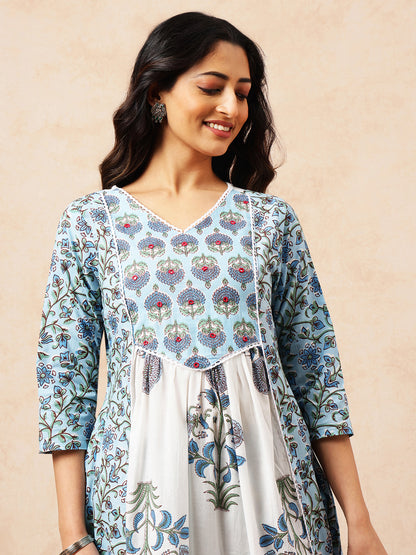 Sky Blue Floral A-Line Cotton Stitched Kurta, Pant With Dupatta