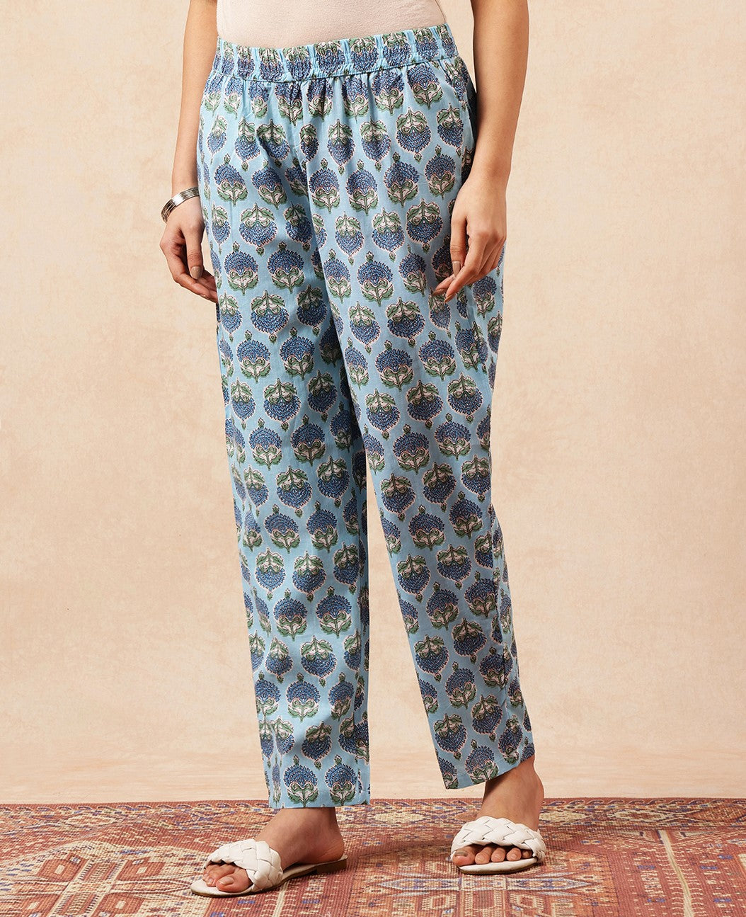 Sky Blue Floral A-Line Cotton Stitched Kurta, Pant With Dupatta