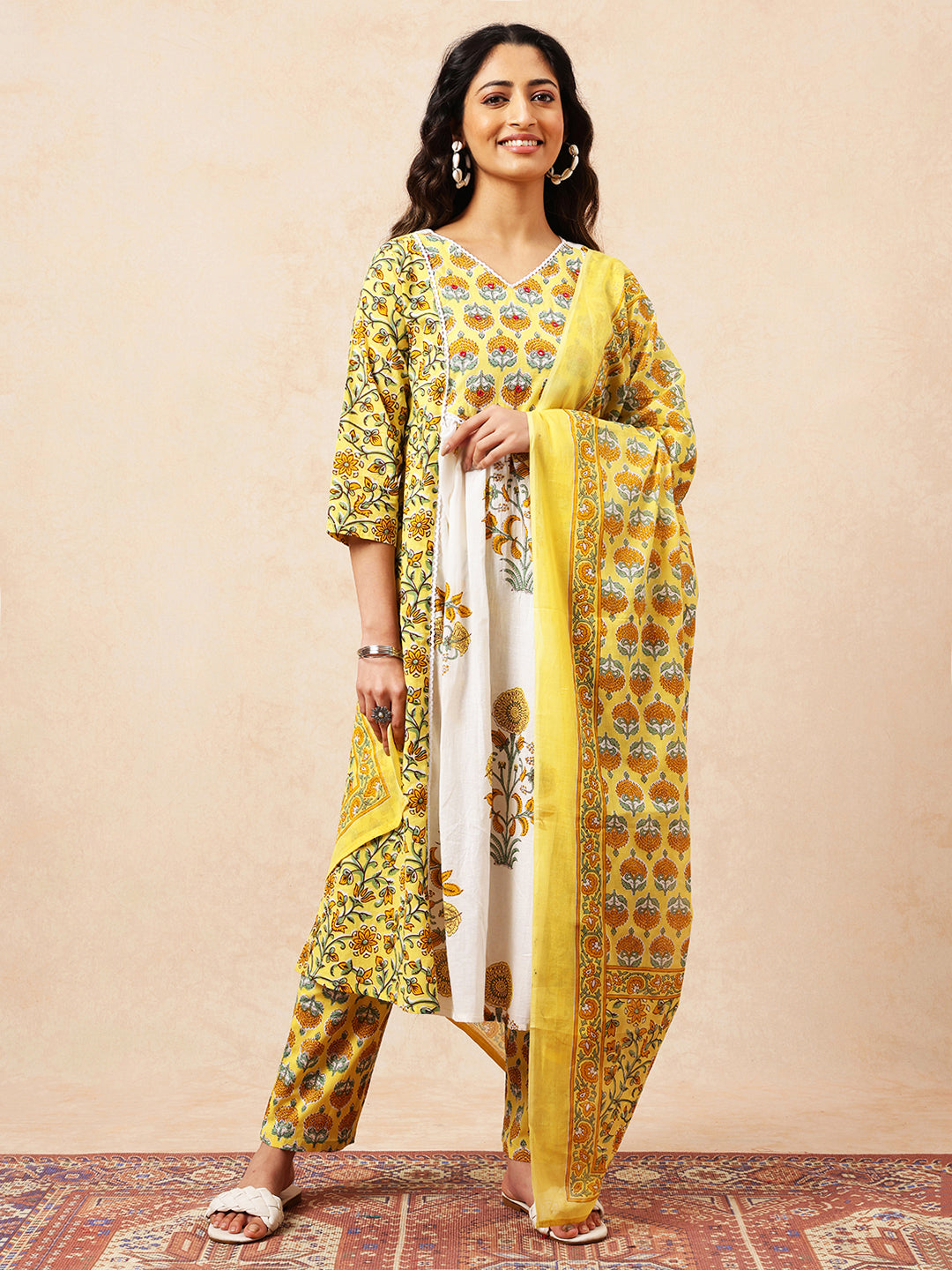 Yellow Floral A-Line Cotton Stitched Kurta, Pant With Dupatta