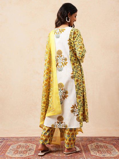 Yellow Floral A-Line Cotton Stitched Kurta, Pant With Dupatta