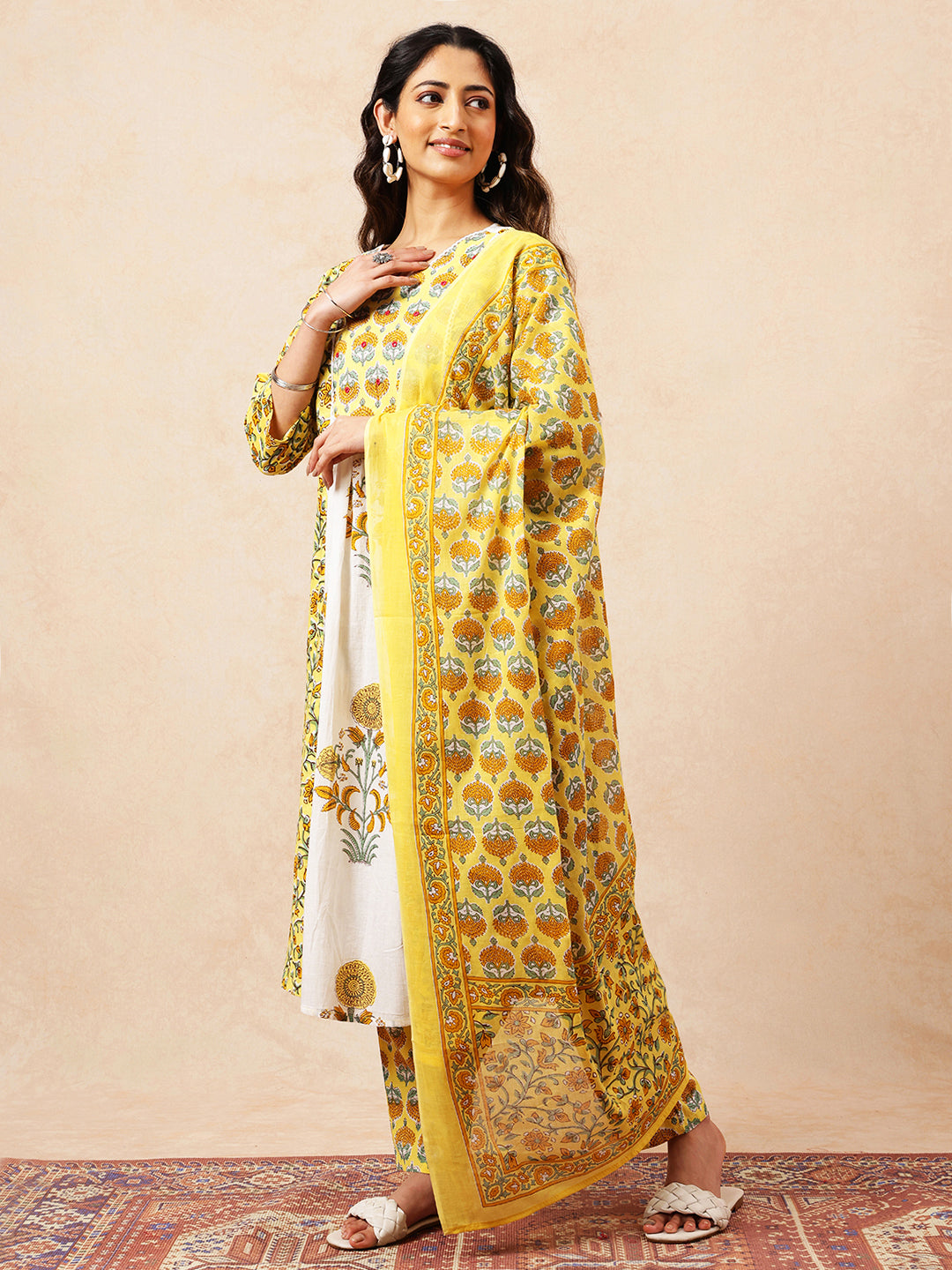 Yellow Floral A-Line Cotton Stitched Kurta, Pant With Dupatta