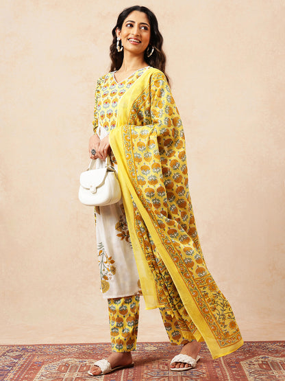 Yellow Floral A-Line Cotton Stitched Kurta, Pant With Dupatta