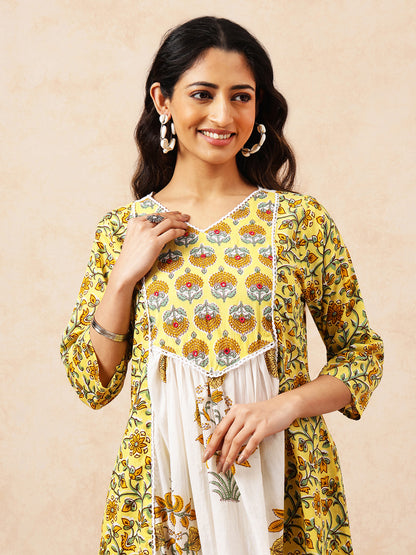 Yellow Floral A-Line Cotton Stitched Kurta, Pant With Dupatta