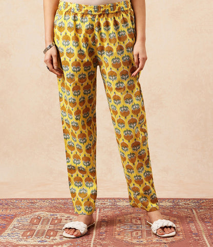 Yellow Floral A-Line Cotton Stitched Kurta, Pant With Dupatta