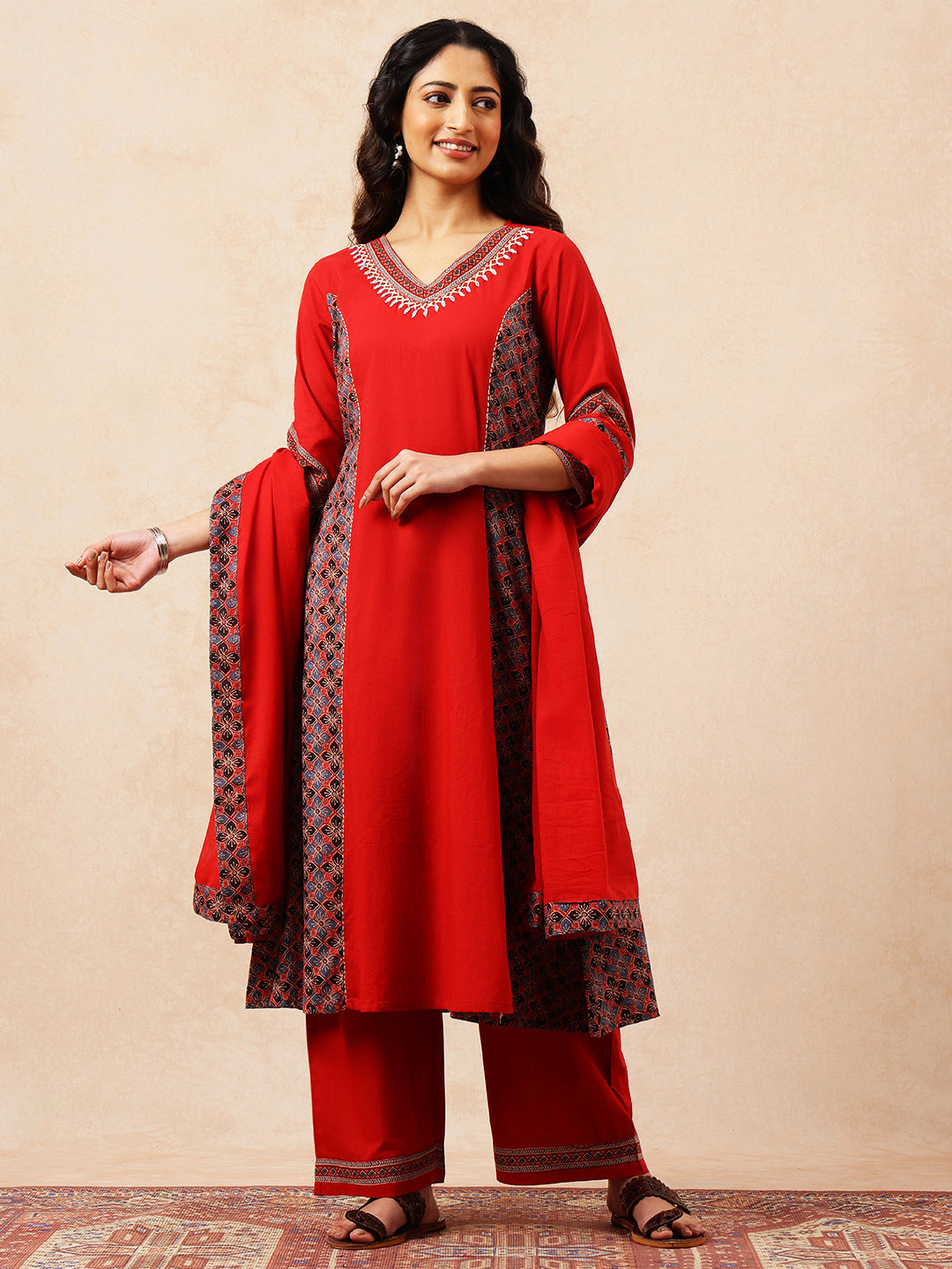 Red Solid A-Line Cotton Stitched Kurta, Palazzo With Dupatta